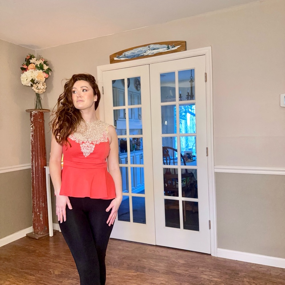 Coral Peplum Top with Lace Yoke